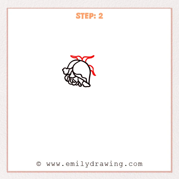 how to draw a dead rose - Step 2 of how to draw a dead rose adds two curling sepals on top and a drooping back petal behind the bud.
